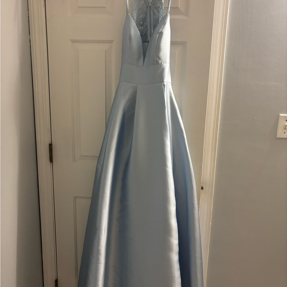 Light Blue Lace Open Back Prom Dress